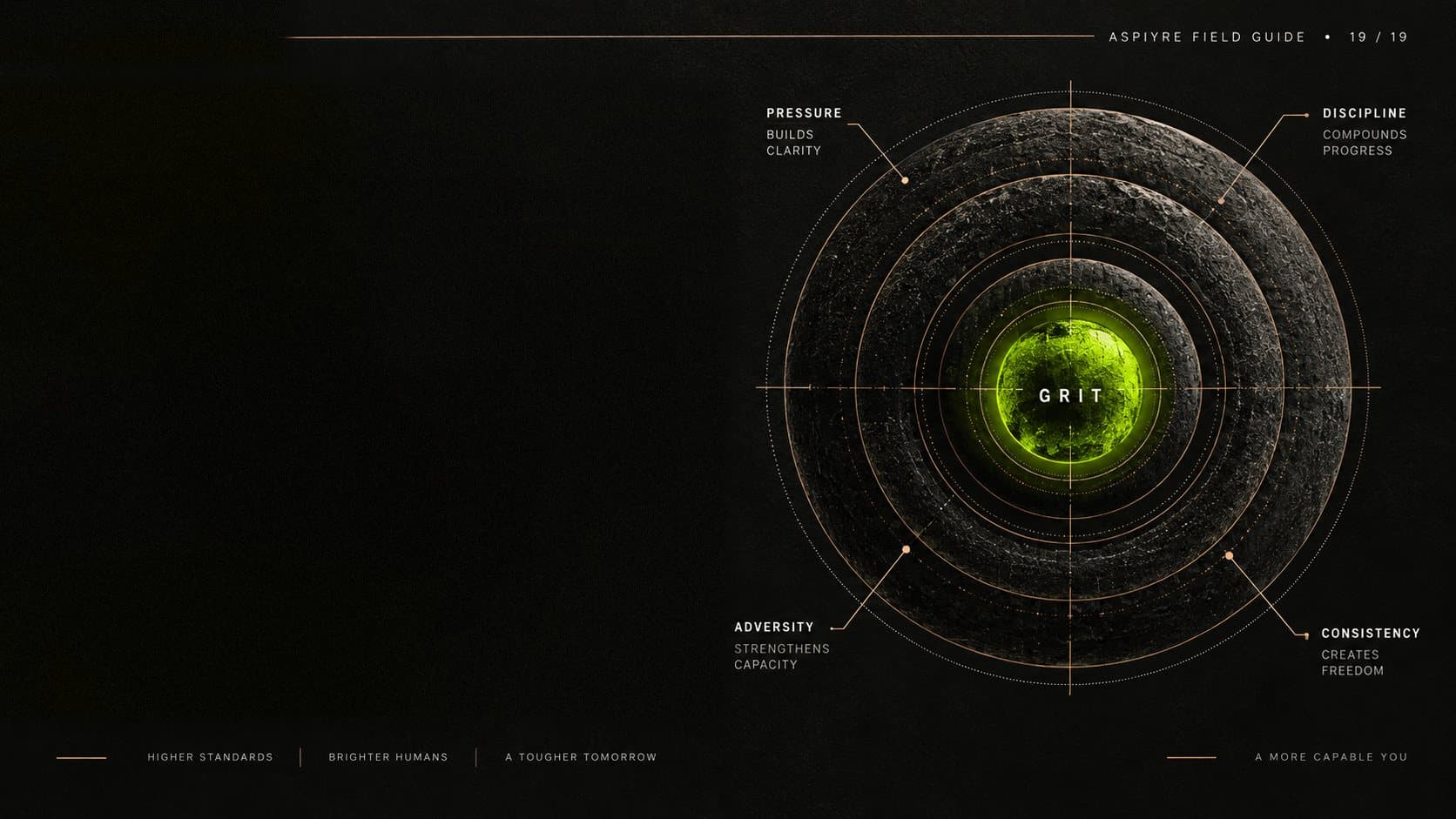 A glowing chartreuse core labelled Grit inside rings of stone: pressure, discipline, adversity and consistency.