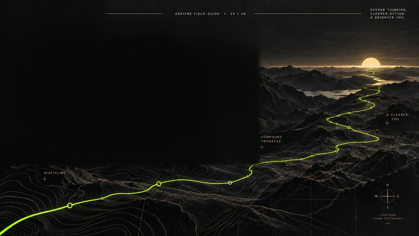 A chartreuse path winding across dark mountain contours towards a rising sun.