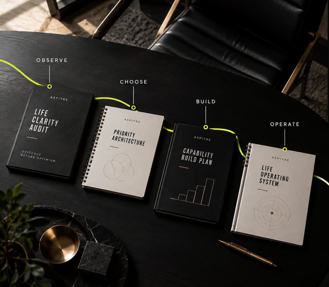 Four ASPIYRE notebooks on a desk, joined by a chartreuse line: Observe, Choose, Build and Operate.