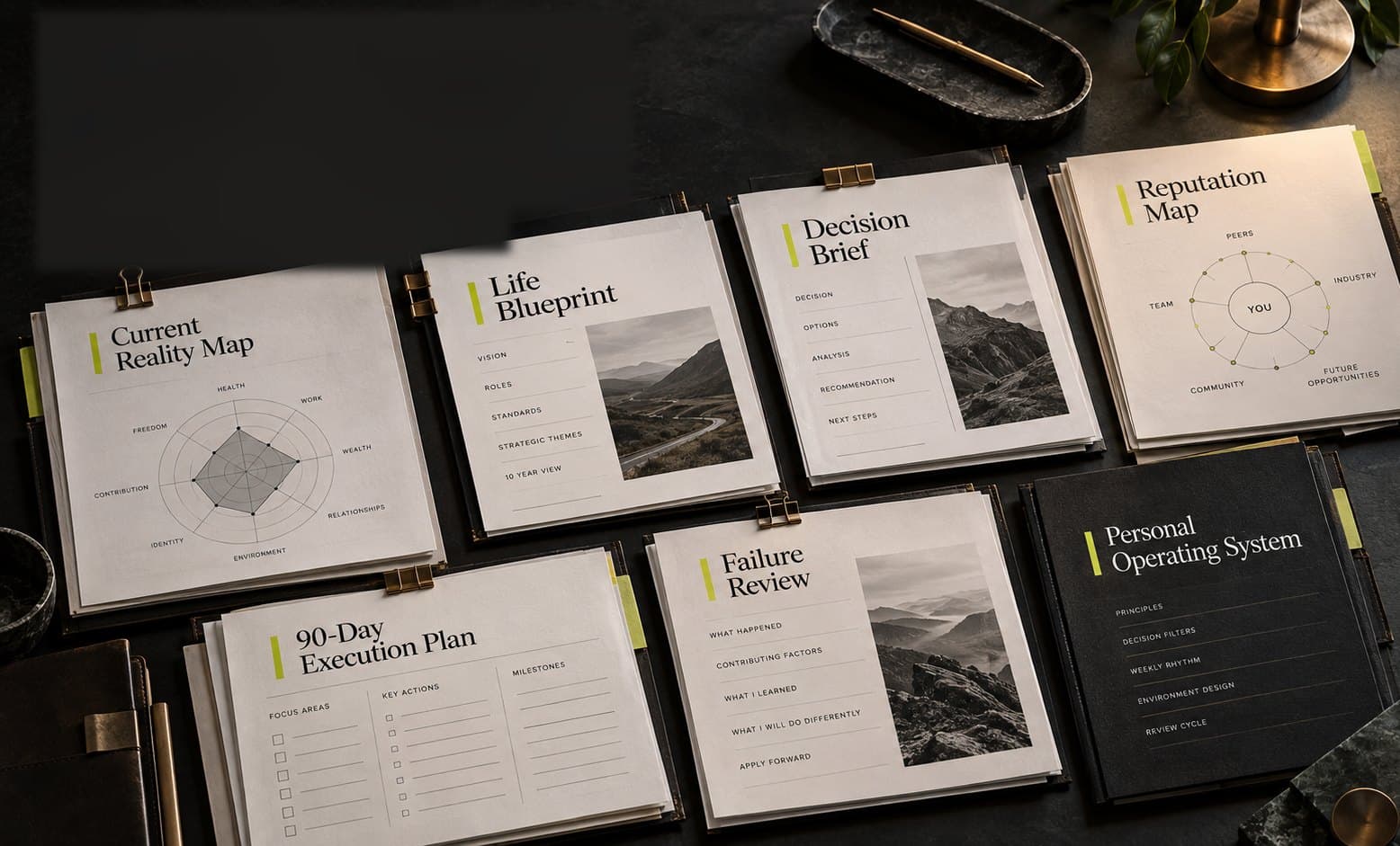 The Full Life Plan documents on a desk: Current Reality Map, Life Blueprint, Decision Brief, Reputation Map, 90-Day Execution Plan, Failure Review and Personal Operating System.